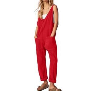 WIHOLL Womens Loose fit V Neck Long Overalls with front Pockets, Red, XS, NWT